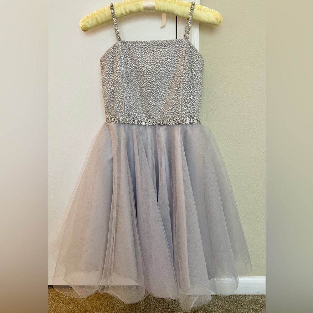 UN DEUX TROIS CUSTOM GIRLS PARTY DRESS SILVER RHINESTONE SIZE 10 12